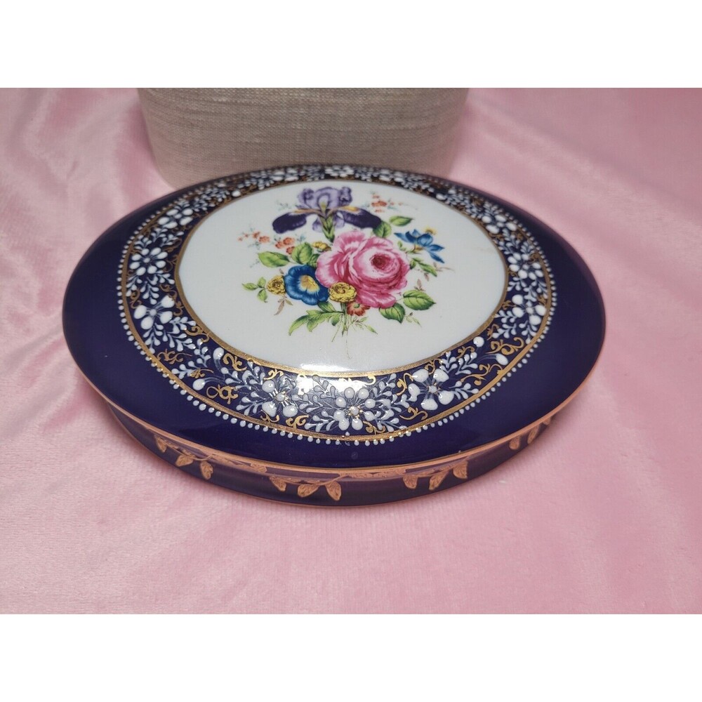 DECORE "N" A SEVRES Dresser Trinket Box Cobalt Blue Floral Gold French Porcelain